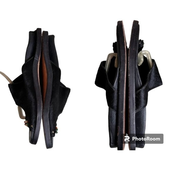 Naked Feet Sandals Flats 8.5 Beaded Toe Loop Black Leather Nubuck Square… - Picture 9 of 13